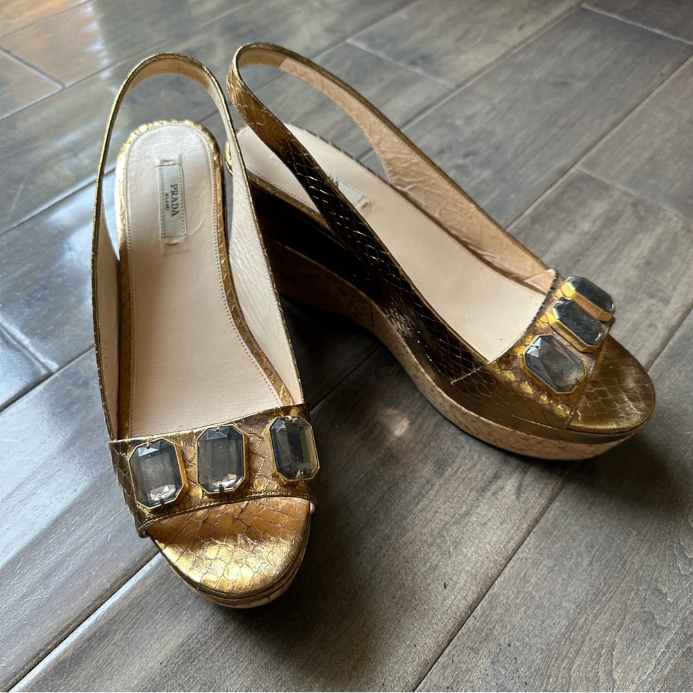 PRADA Gold Wedge Slingback Sandals🌸 - Picture 9 of 16